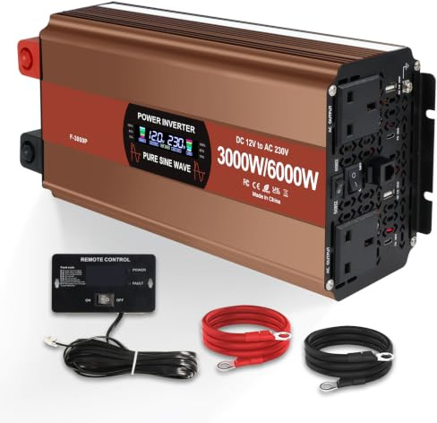 Yinleader 3000W Pure Sine Wave Inverter 12V to 240V, 2 UK Sockets & Type-C | 6000W Peak AC Converter with Dual 20W PD Type-C & QC3.0 USB-A, Smart LCD & Remote Control for Campervans, Motorhome, Home
