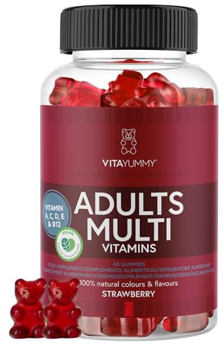 Gommes vitaminées Multivitaminés VitaYummy au Goût Fraise pour Adultes - Oursons Gélifiés Végétaliens en Supplément Alimentaire -Vitamine A,C,D,B12 et Zinc, Soutient le Système Immunitaire, 60 bonbons