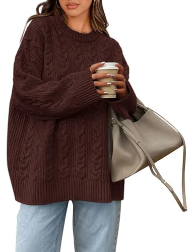 Okiwam Women's Oversized Sweaters Crewneck Cable Knit Pullover,Coffee,XXL