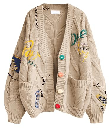 Women's Cable Knit Long Sleeve Open Front Cardigan Sheep V-Neck Button Down Embroidery Wool Blend Sweater Coat Outwear (2XL, Khaki)
