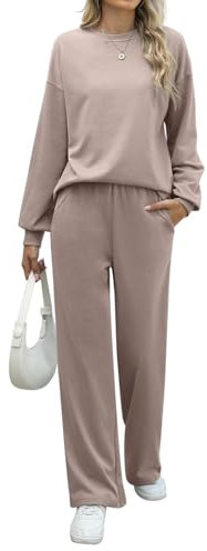 REORIA Damen Baumwolle Rundhals Jogginganzug Langärmliges Oberteil und weite Hose Zweiteiler Trainingsanzug Hausanzug Sport Set Lounge Set Khaki S
