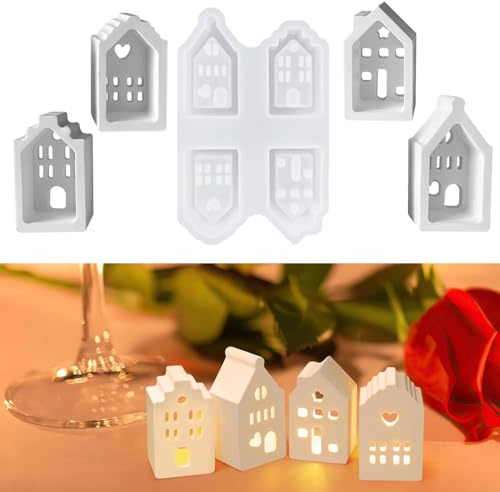 Norhogo 4 stycken silikonformar gjutformar hus, mini silikonform hus gips för gjutning, silikonformar hus, minihus, gjutform hus för ljustillverkning handgjorda tvålhantverk