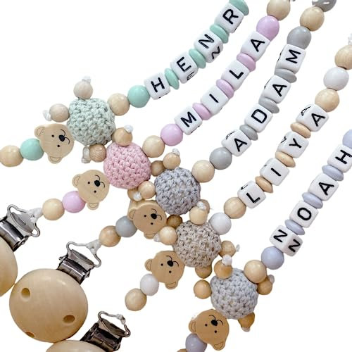 Schnullerkette mit Namen Jungen Mädchen Personalisierte Schnullerband Holz Clip Baumwolle Schnuller Clips für Neugeboren Teddy Bär mehrere Farben