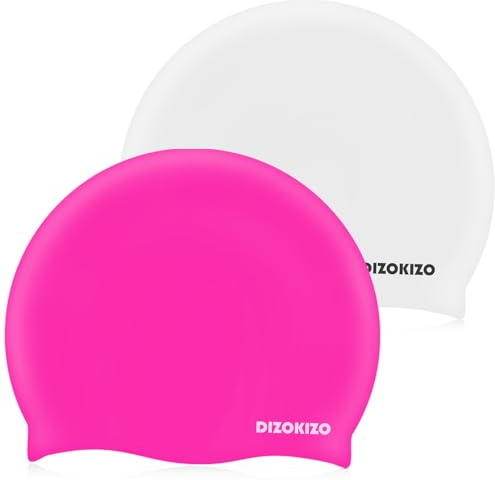 Dizokizo 2pcs Bonnet de Bain en Silicone à Haute Élasticité pour Femmes et Hommes, Bonnets de Natation Confortables et Anti-Dérapants pour Cheveux Longs et Courts (Blanc & Rose Rouge)