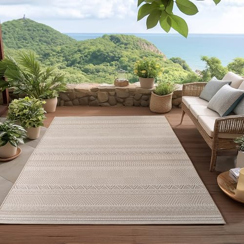 HomebyHome Alfombra de Exterior Beige 140x200 cm, Resistente a la Intemperie y a los Rayos UV, para la Cocina, el balcón, la terraza, así como para el salón y el Comedor