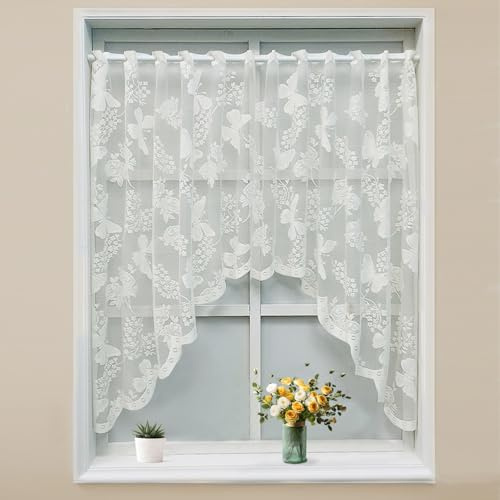 KnBoB fjärilar och blommor bistrogardin (100 x 150 cm) – transparent broderi spets voile, med öljetter, polyester, vit – för kök/vardagsrum