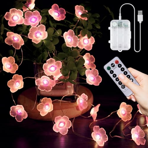 StarryEver Lichterkette Kirschblüten, 5M 50LEDS Lichterketten Blumen Girlande innen Batterie & USB, Fairy Light, Lichterkette rosa für Kinderzimmer Mädchen, Schlafzimmer, Hochzeit, Garten, Dekoration
