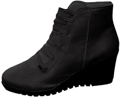 Black Womens Wedge Heel Ankle Boots PU Leather Lace up Pull on Ladies Boots Zipper Fashion Booties Footwear Gift UK 6