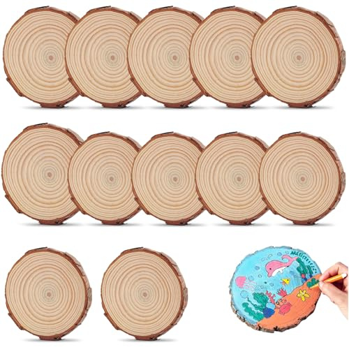 Dischi legno naturale 12 pezzi per decorazioni fai da te, 11-13 cm dischetti rotondi in legno grezzo per pittura, scrittura, decorazioni rustiche matrimonio e Natale