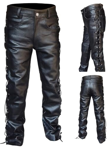 Generisch Pantalon cargo en cuir avec laçage latéral - Homme - Lacé sur le côté - Cuir de vachette - Décontracté - Noir - Pantalon de moto - Softshell, Noir, XXL