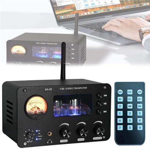 Amplificador conmutador de audio sin pérdidas HiFi, preamplificador de válvulas, salida de auriculares XLR/RCA/3,5 mm, ajuste de agudos/graves, entrada Bluetooth/USB/RCA, para el hogar y la oficina.