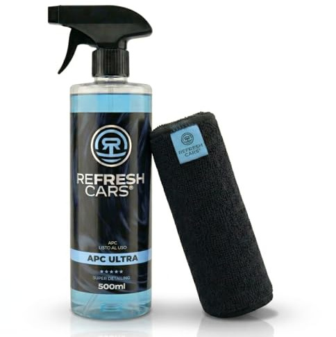 Refresh Cars Limpiador Tapicería Coche APC Spray – Quitamanchas Asientos, Alcántara y Salpicaderos, pH Neutro, Aroma Fresco – Limpieza Interior y Motor – Kit con Bayeta Microfibra (500 ml)