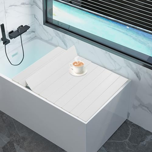Mqwdxzfes Cubierta de bañera plegable de 170 x 75 cm, aspecto de madera blanca, cubierta de bañera con soporte para tableta, resistente al agua, PVC, bandeja de bañera, bandeja aislante para casa