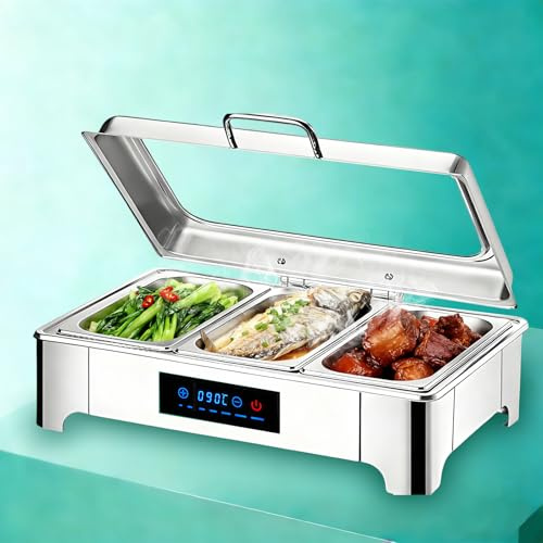 Aocay Chafing Dish Elettrico 9L, Professionale Scaldavivande Elettrico per Buffet Acciaio Inox, Contenitore Scalda Cibo Temperatura Regolabile con Coperchio in Vetro per Catering, Hotel(1/3 Pan)
