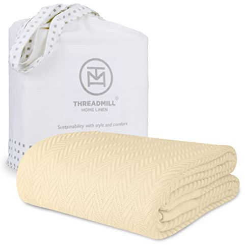 Threadmill Vanilla Cream 100% Combed Cotton King Size Blanket, All-Season Soft Breathable Light Weight Herringbone Throw