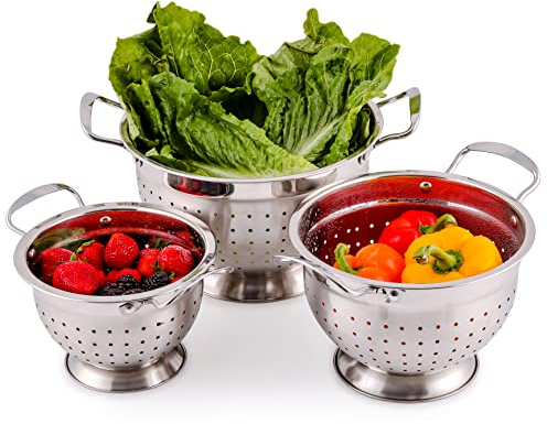 Ovente Premium Stainless Steel Colander Set of 3 Deep Kitchen Strainer, Dishwasher Safe 1.5, 3 & 5 Quarts Metal Bowl Drainer with Handle for Pasta, Fruit, Noodle, Meal Prep, Silver C46263S