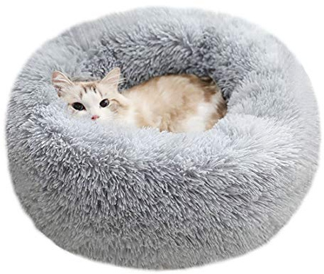 BODISEINT Modern Soft Plush Round Pet Bed for Cats or Small Dogs, Mini Medium Sized Dog Cat Bed Self Warming Autumn Winter Indoor Snooze Sleeping Cozy Kitty Teddy Kennel (20'' D x 8'' H, Light Grey)