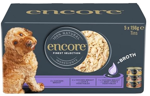 Encore Comida Húmeda Natural Perros Adultos, Selección de Pechuga de Pollo en Caldo - Paquete de 20 latas de 156 g