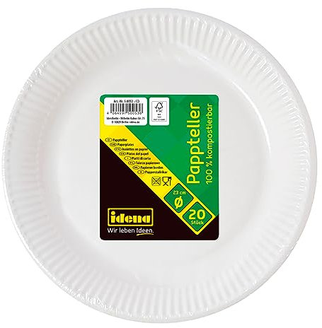 Idena 50053 - Partyteller Weiß, 20 Stück, ⌀ 23 cm, FSC Zertifiziert, 100 Prozent kompostierbarer Pappteller, für Partys, Grillen und Picknick