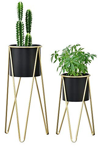 [en.casa] Pflanzständer im 2er Set 'Hedera' Blumenständer aus Metall Blumentopf Ständer mit Übertopf Blumentopfhalter 2-TLG. Pflanztopf Deko Schwarz-Gold