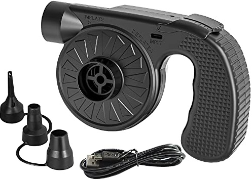 Infactory elettrica: Pompa d'Aria elettrica Pompa d'Aria a Batteria, 3 adattatori per valvole, Funzione di Ricarica USB (ad Aria a Batteria per materassino, Materasso ad Aria con, Barbecue)