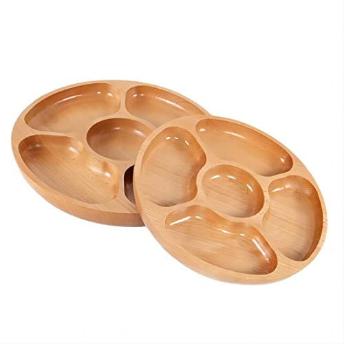 MOUMOUTEN Plato de Madera Dividido, Bandeja de 5 Compartimentos Control de Porciones Plato para Niños Recipiente de Rejilla de Madera Apilable Platos para Frutos Secos, Snacks, Frutas(30cm)