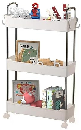 Globalmix - Carrinho de armazenamento de 3 níveis com alças pegas e Ganchos carrinho com rodas, carrinho de cozinha, Banheiro, casa de banho, Quarto, escritório, 12x40x62cm (Branco)