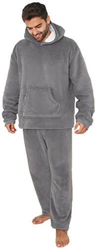 Dreamscene Flannel Fleece Pyjama Sherpa Lined 2-Piece Set Womens Mens Top Elasticated Cuff Bottoms Sleep Nightwear, Charcoal Grey - Medium