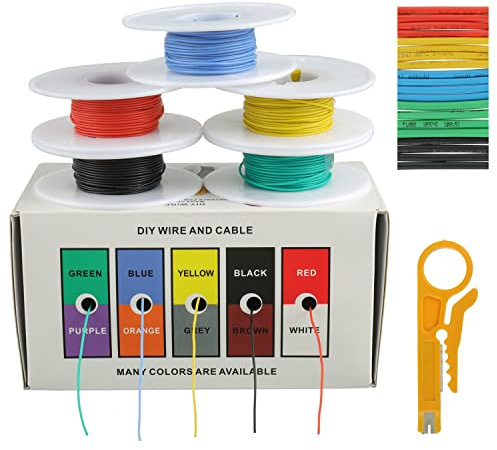 BOJACK 30 AWG silikonkabeltråd flätad i 300 V förspänd kopparsats, med 20 φ2 mm rör (5 färger, 10 meter vardera, 30 AWG) Flexibel och mjuk för DIY