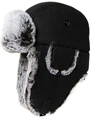 Comhats Warme Wolle Fliegermütze für Herren Ohrenklappen Unisex Wintermütze mit Fleecefutter und Faux Fur weiche Trappermütze Winddicht Schwarz L