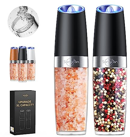 Sangcon Gravity Electric Salt and Pepper Grinder Set Shakers UPGRADED 9OZ XL CAPACITY Battery Powered Refillable Automatic One Hand Operation Adjustable Coarseness Mill Grinder Set for Kitchen