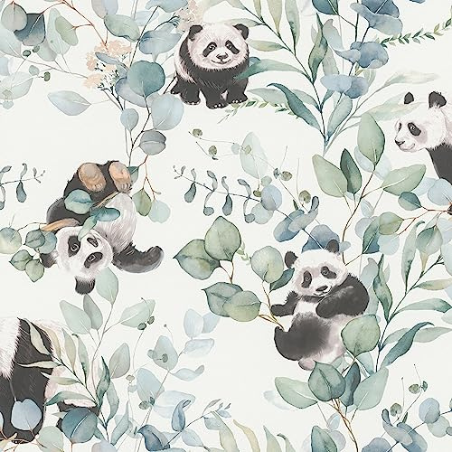 Rasch Wallpaper 301144 Light Non-Woven Wallpaper with Eucalyptus and Pandas in Watercolour Look, Children's Bedroom Wallpaper, 10.05 m x 0.53 m (L x W)