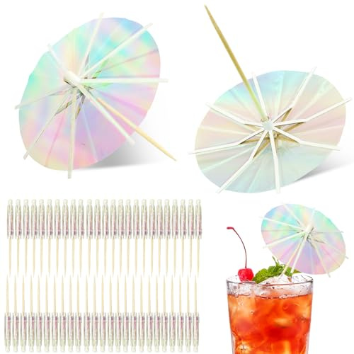 50 paraguas para bebidas, palillos de cóctel, palillos de madera, para bebidas, cupcakes, aperitivos, paraguas, decoración de fiestas, suministros de decoración (fluorescente)