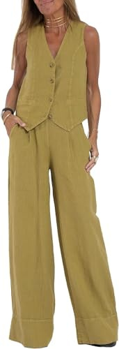 Conjunto de 2 piezas para mujer, cuello en V, sin mangas, chaleco con botones, pantalones de pierna ancha, traje blazer de verano de lino a juego, verde, L
