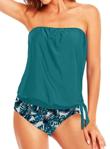 Yutdeng Tankini Traje de Baño para Mujer Dos Piezas Push Up Conjunto de Bañador Bandeau Relleno Top Tirantes Ajustables Desmontables Tankinis Vientre Plano Trajes de Baño 2 Piezas Braga Swimwear Playa
