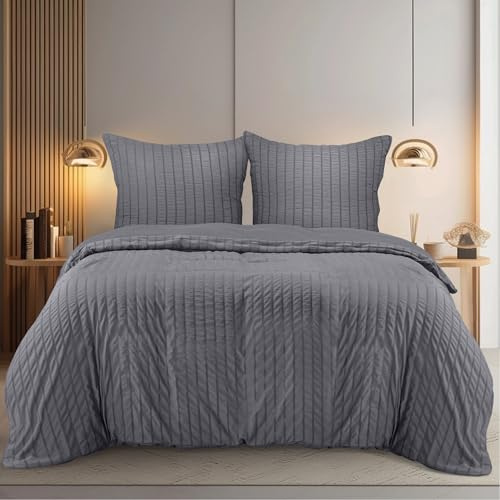 Utopia Bedding Seersucker Housse de Couette 220x240 cm avec 2 Taies d'oreiller 65x65 cm (Gris) - Parure de lit 220x240 cm - Ensembles de Housses de Couette en Microfibre brossée Douce