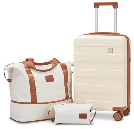 imiomo Kofferset 3 Teilig Hartschale Reisekoffer von ABS Trolley 4 Rollen Der Gepäcksets mit TSA-Schloss Enthält 1 Reisetasche und 1 Tragbare Tasche (20/Weiß)