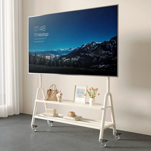 HOLGVE Mobilt TV-stativ, Mobil-tv-vagn For 60-85 Tums Tv, Rullande Tv-ställ På Hjul, Bärbart Tv-ställ På Dubbelt Förvaringsställ, Golvställ for Tv-vagn Med Fäste(Wit)