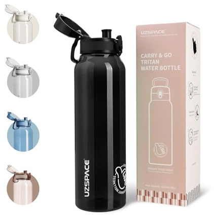 UZSPACE Gourde Sport 1L - Gourde Adulte Transparente sans BPA avec Poignée - Étanche Bouteille d'eau -Idéal pour Fitness et Voyage, Noir