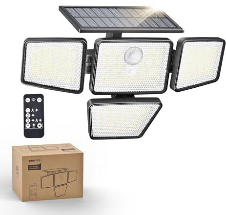 Philips Solar Security Light Outdoor, 196 LED Wall-Mounted Flood Light w/PIR Motion Sensor, 3 Modes, 4 Adjustable Heads Solar-Powered Floodlights with Remote Control, IP65 Waterproof