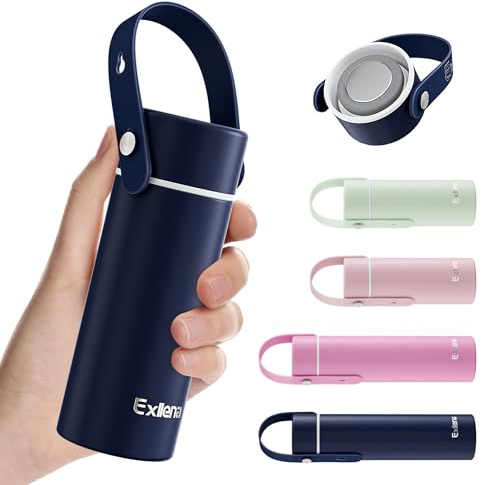 Exllena Termo Pequeño 200ml – Botella Térmica Pequeña con Asa de Silicona Ajustable, Ideal para Café, Agua y Bebidas Frías(Azul Marino)