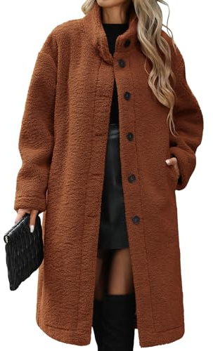 NRZD Long Fleece Coats for Women, Warm Faux Fur Jackets Button Down Winter Coats Textured Fleece Jackets with Pockets(Dark Camel,L)