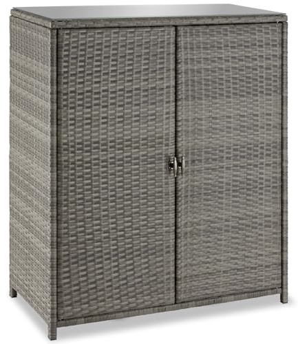 tectake® Armadio da Giardino in Rattan, 84 x 40 x 103 cm, 4 Scomparti, Armadietto da Giardino con Telaio in Alluminio, Ripostiglio da Esterno con Lastra in Vetro Rimovibile, Porte a 2 Ante -Grigio