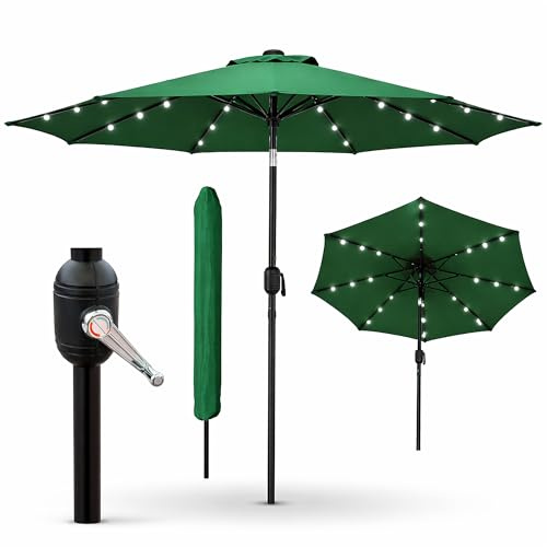GlamHaus Garden Parasol Solar LED 2.7M,Tilting Table Umbrella with Crank Handle, Protection UV40, Includes Parasol Cover, Gardens and Patios - (Green)