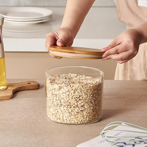 ORNAMI Wide Mouth Borosilicate Glass Storage Jar with Airtight Bamboo Lid | Large Capacity Canister Ideal for Bulk Kitchen Storage (2L)