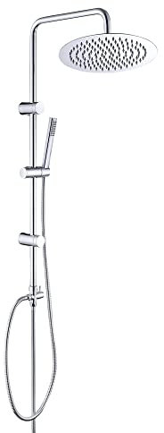 Görbach Colonna Doccia Acciaio Inox Senza Miscelatore Fori Muro Regolabili Set Doccia a Pioggia Con Doccetta a Mano e Soffione Doccia in INOX Tondo 25cm