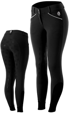 Equinavia Astrid Womens Silicone Full Seat Breeches | Mid Rise Riding Pants with Phone Pockets - Black/White - 28