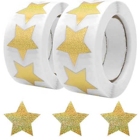 KtbeYTi 1000 Piezas 25 mm Etiquetas Brillantes, Rollo de Pegatinas de Estrellas, Estrella para Pegatinas de Recompensa, para Decoración, Álbum de Recortes, Sobres Sellados, Golden