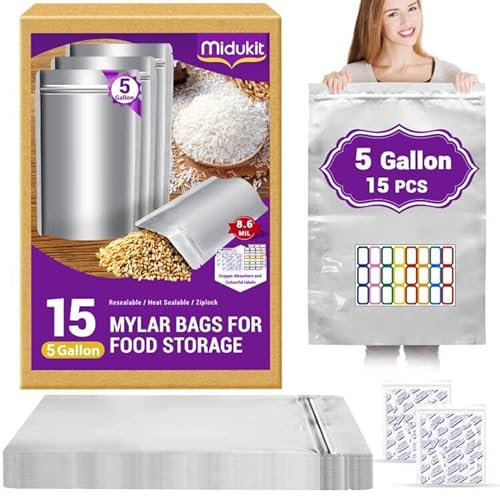 Sacs Mylar Pour Le Stockage à Long Terme Conservation Des Aliments 5 Gallon, 43.5 x 71 CM, 8,6 Mil, Sacs Mylar Avec Absorbeurs d'Oxygène, 40000 CC, Thermosoudable, Fermeture Éclair, 15 Pièces