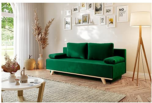 MEBLINI Sofa mit Schlaffunktion - Schlafcouch Ausziehbar - Schlafsofa mit Bettkasten - Sofabett - Couch mit Schlaffunktion - Klappsofa - Zendaya - 200x89x95cm - Grün Samt